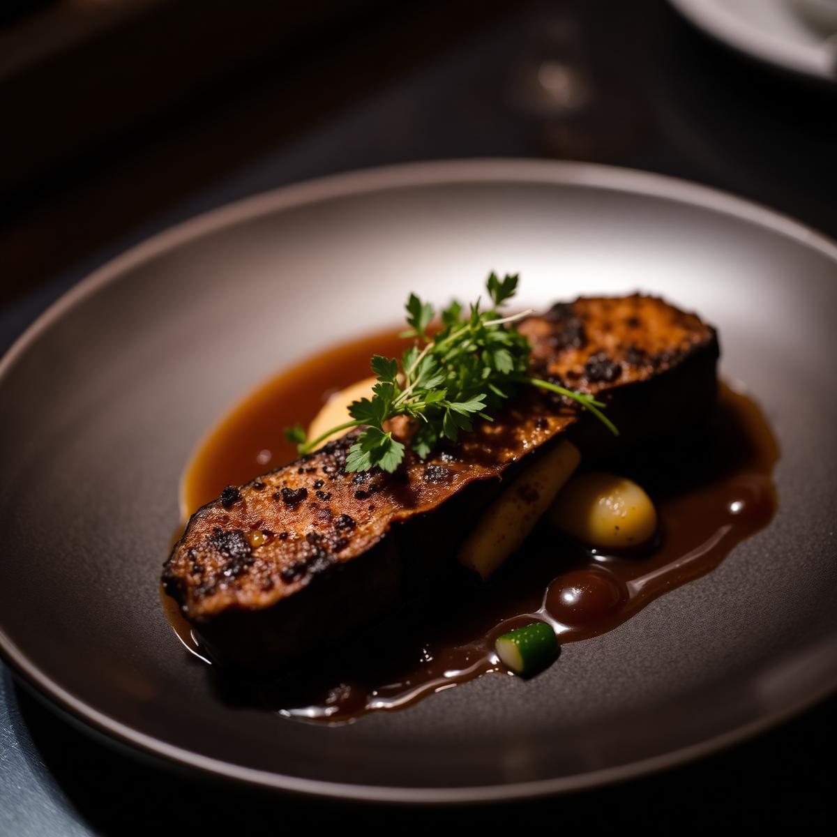 Plated signature bistro dish photographed in moody warm light
