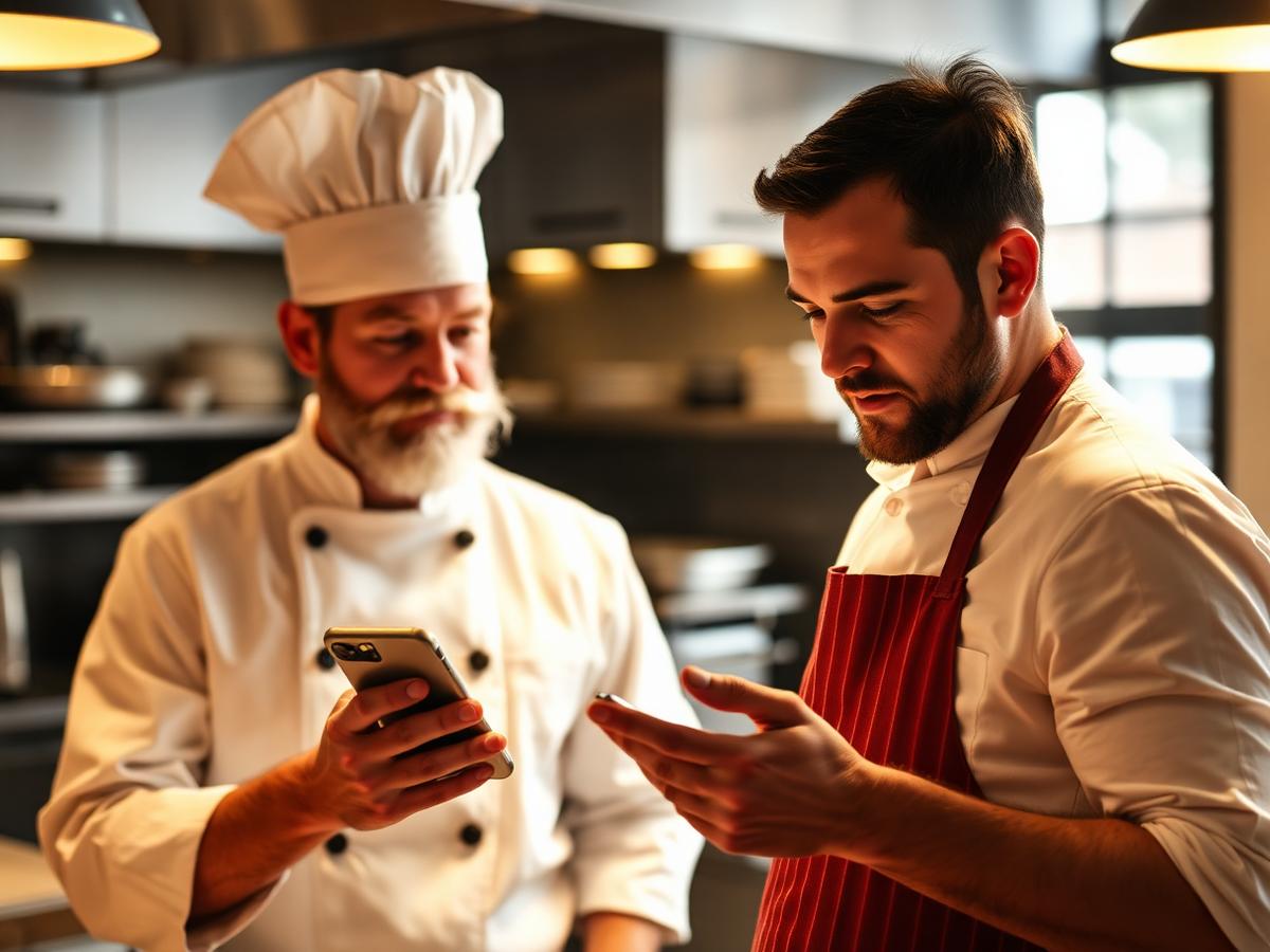 Chef and owner reviewing social content on a phone at the kitchen pass