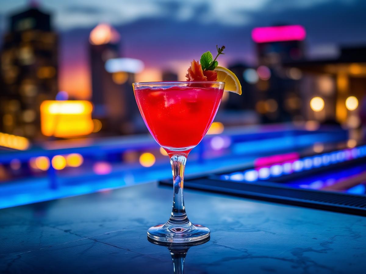 Signature cocktail on a rooftop bar counter with neon city lights behind