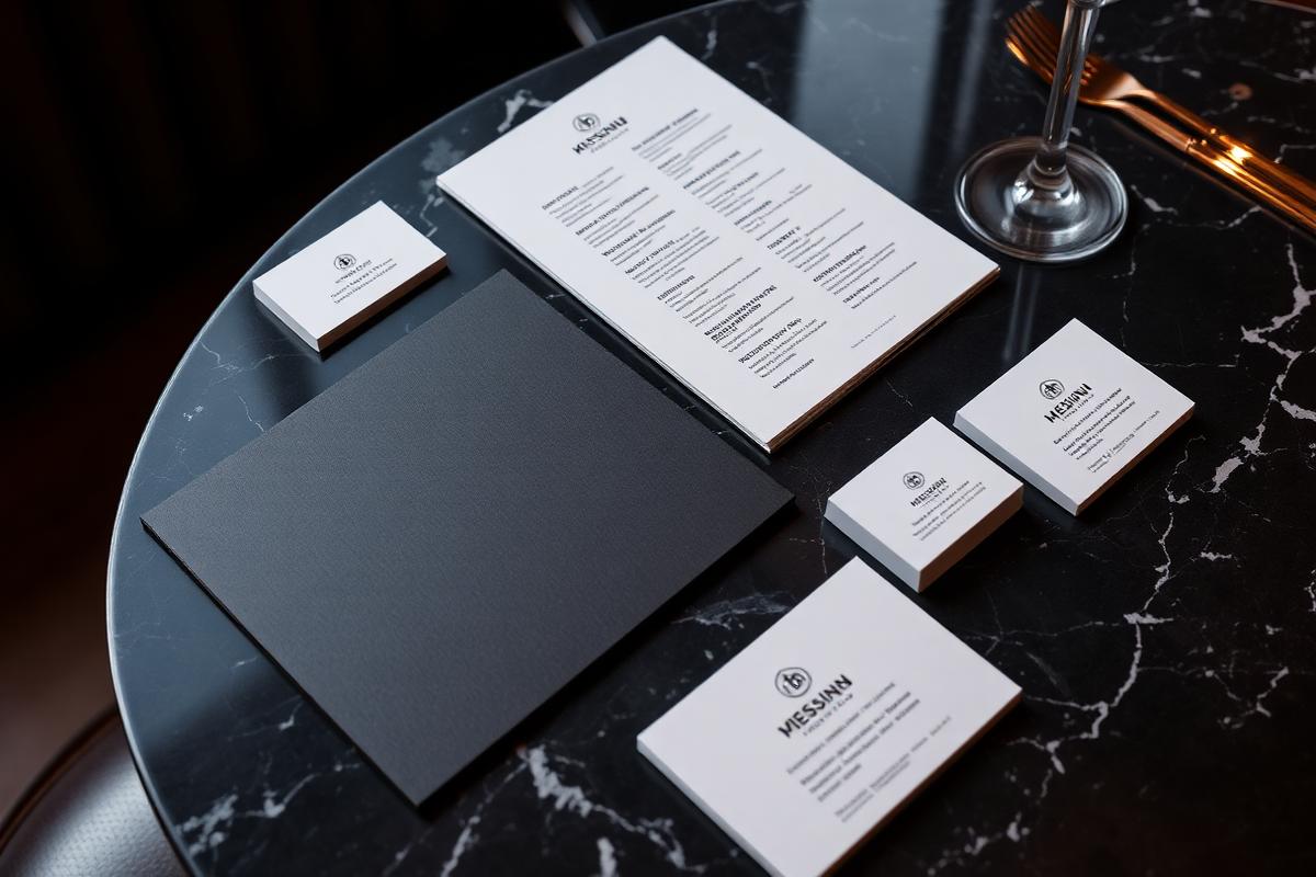 Premium restaurant brand identity mockup with menu and business cards on marble